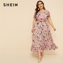 Load image into Gallery viewer, SHEIN Plus Size Pink Ruffle Hem Floral Print Belted Long Dress Women 2019 Summer Autumn Boat Neck High Waist A Line Boho Dresses
