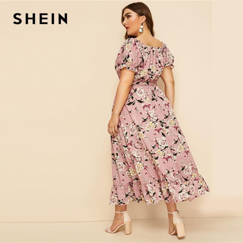 SHEIN Plus Size Pink Ruffle Hem Floral Print Belted Long Dress Women 2019 Summer Autumn Boat Neck High Waist A Line Boho Dresses