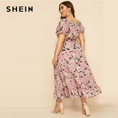 SHEIN Plus Size Pink Ruffle Hem Floral Print Belted Long Dress Women 2019 Summer Autumn Boat Neck High Waist A Line Boho Dresses