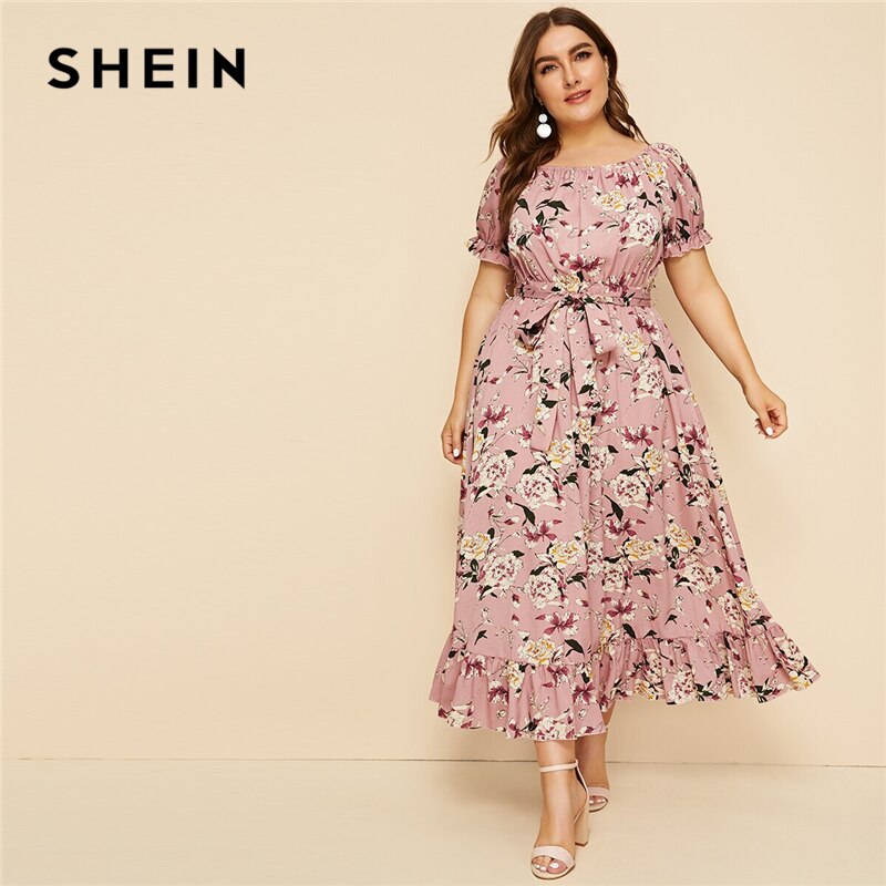 SHEIN Plus Size Pink Ruffle Hem Floral Print Belted Long Dress Women 2019 Summer Autumn Boat Neck High Waist A Line Boho Dresses