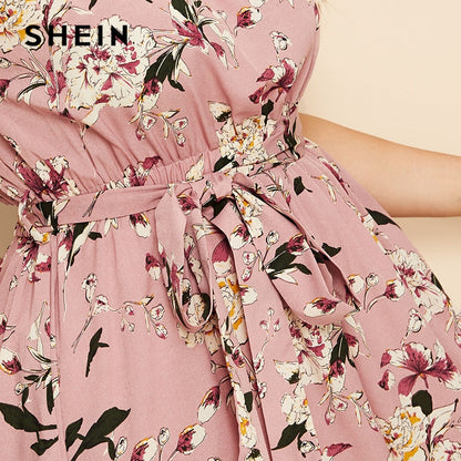 SHEIN Plus Size Pink Ruffle Hem Floral Print Belted Long Dress Women 2019 Summer Autumn Boat Neck High Waist A Line Boho Dresses