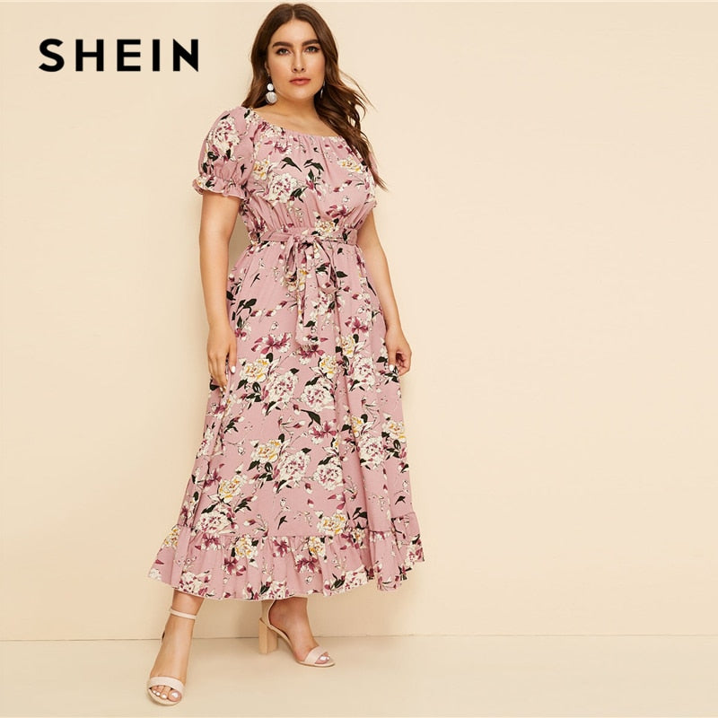 SHEIN Plus Size Pink Ruffle Hem Floral Print Belted Long Dress Women 2019 Summer Autumn Boat Neck High Waist A Line Boho Dresses