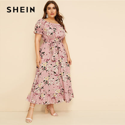SHEIN Plus Size Pink Ruffle Hem Floral Print Belted Long Dress Women 2019 Summer Autumn Boat Neck High Waist A Line Boho Dresses