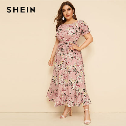 SHEIN Plus Size Pink Ruffle Hem Floral Print Belted Long Dress Women 2019 Summer Autumn Boat Neck High Waist A Line Boho Dresses