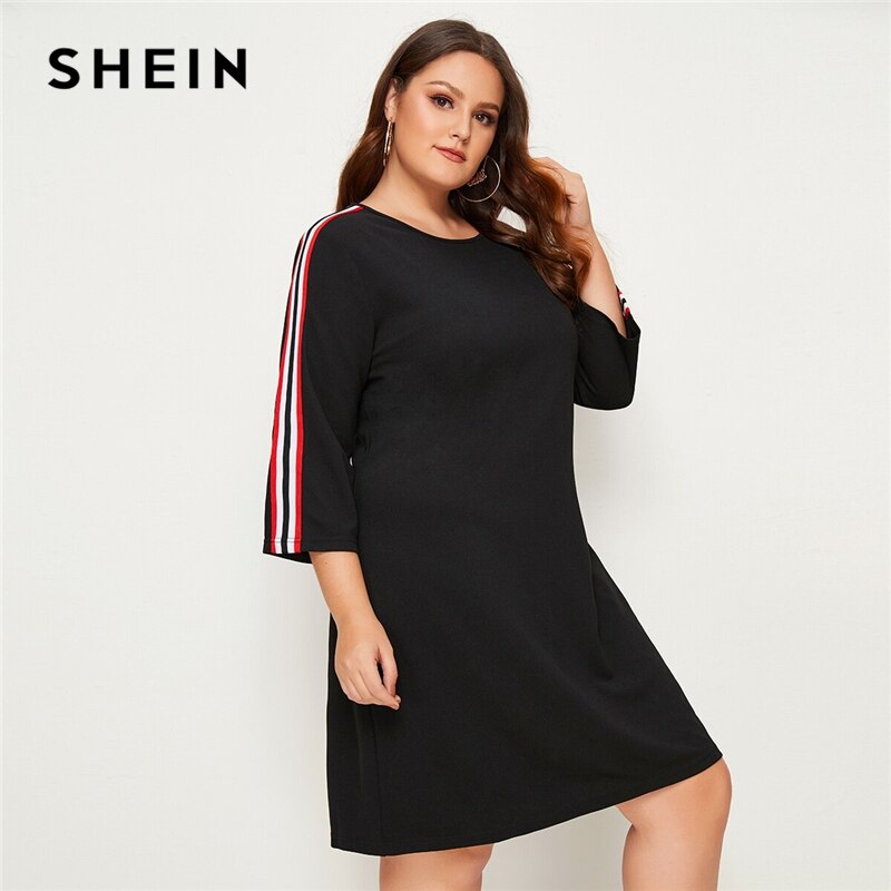 SHEIN Plus Size Plus Black Striped Tape Detail Dress Women Summer Autumn 3/4 Length Sleeve Plus Casual Straight Short Dresses