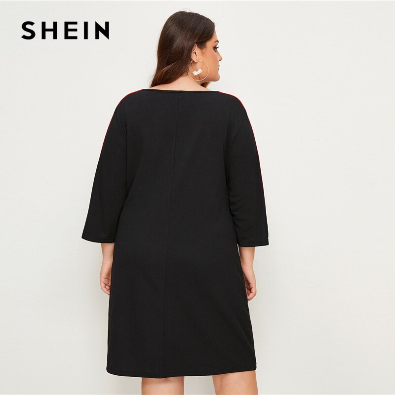 SHEIN Plus Size Plus Black Striped Tape Detail Dress Women Summer Autumn 3/4 Length Sleeve Plus Casual Straight Short Dresses