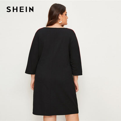 SHEIN Plus Size Plus Black Striped Tape Detail Dress Women Summer Autumn 3/4 Length Sleeve Plus Casual Straight Short Dresses