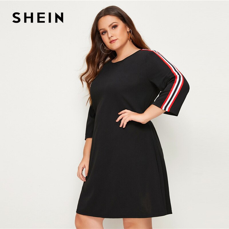 SHEIN Plus Size Plus Black Striped Tape Detail Dress Women Summer Autumn 3/4 Length Sleeve Plus Casual Straight Short Dresses