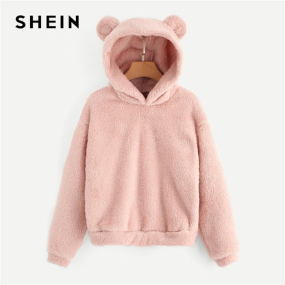 SHEIN Preppy Lovely With Bears Ears Solid Teddy Hoodie Pullovers Sweatshirt Autumn Women Campus Casual Sweatshirts