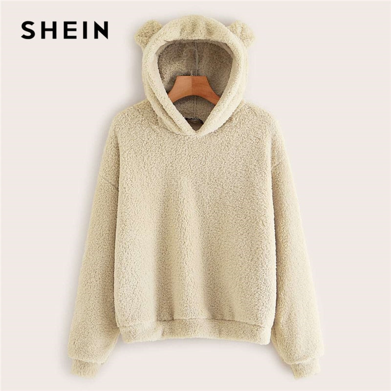 SHEIN Preppy Lovely With Bears Ears Solid Teddy Hoodie Pullovers Sweatshirt Autumn Women Campus Casual Sweatshirts