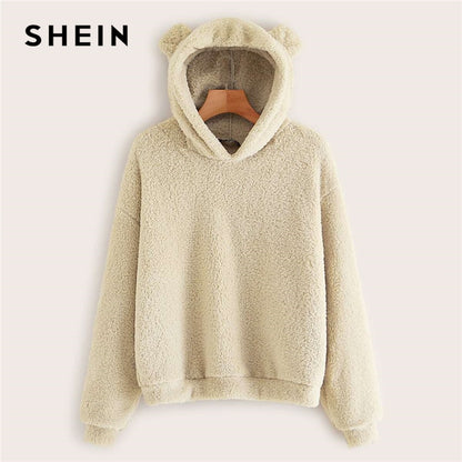 SHEIN Preppy Lovely With Bears Ears Solid Teddy Hoodie Pullovers Sweatshirt Autumn Women Campus Casual Sweatshirts