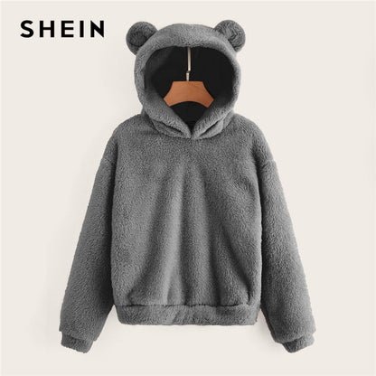 SHEIN Preppy Lovely With Bears Ears Solid Teddy Hoodie Pullovers Sweatshirt Autumn Women Campus Casual Sweatshirts