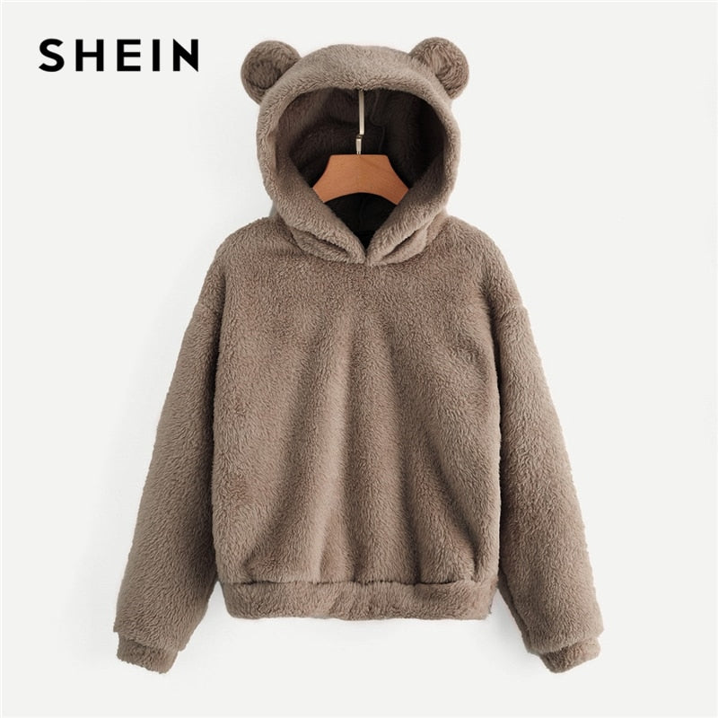 SHEIN Preppy Lovely With Bears Ears Solid Teddy Hoodie Pullovers Sweatshirt Autumn Women Campus Casual Sweatshirts
