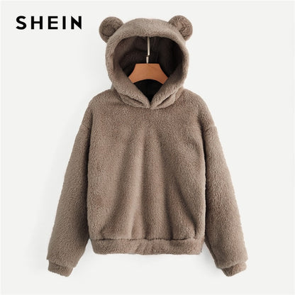 SHEIN Preppy Lovely With Bears Ears Solid Teddy Hoodie Pullovers Sweatshirt Autumn Women Campus Casual Sweatshirts