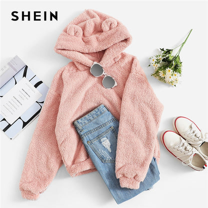 SHEIN Preppy Lovely With Bears Ears Solid Teddy Hoodie Pullovers Sweatshirt Autumn Women Campus Casual Sweatshirts