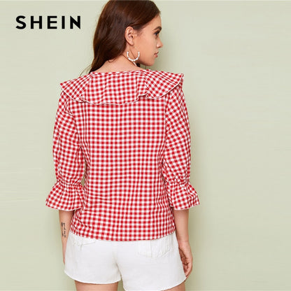 SHEIN Red V Neck Ruffle Trim Gingham Spring Casual Blouse Top Women 2019 Autumn Flounce Sleeve Cute Ladies Blouses And Tops