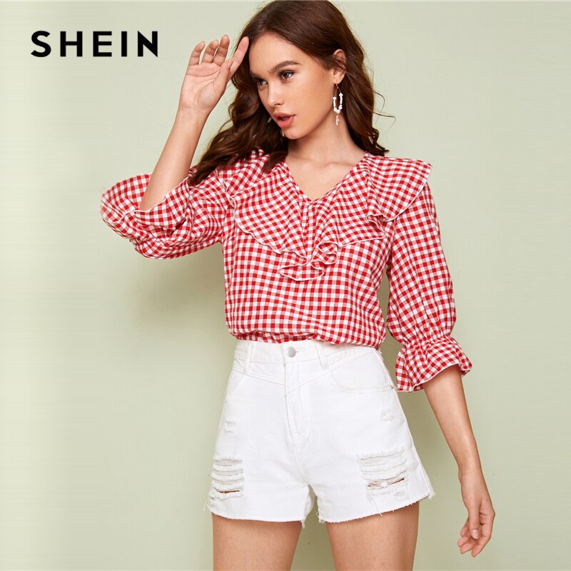 SHEIN Red V Neck Ruffle Trim Gingham Spring Casual Blouse Top Women 2019 Autumn Flounce Sleeve Cute Ladies Blouses And Tops