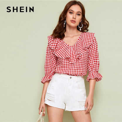 SHEIN Red V Neck Ruffle Trim Gingham Spring Casual Blouse Top Women 2019 Autumn Flounce Sleeve Cute Ladies Blouses And Tops