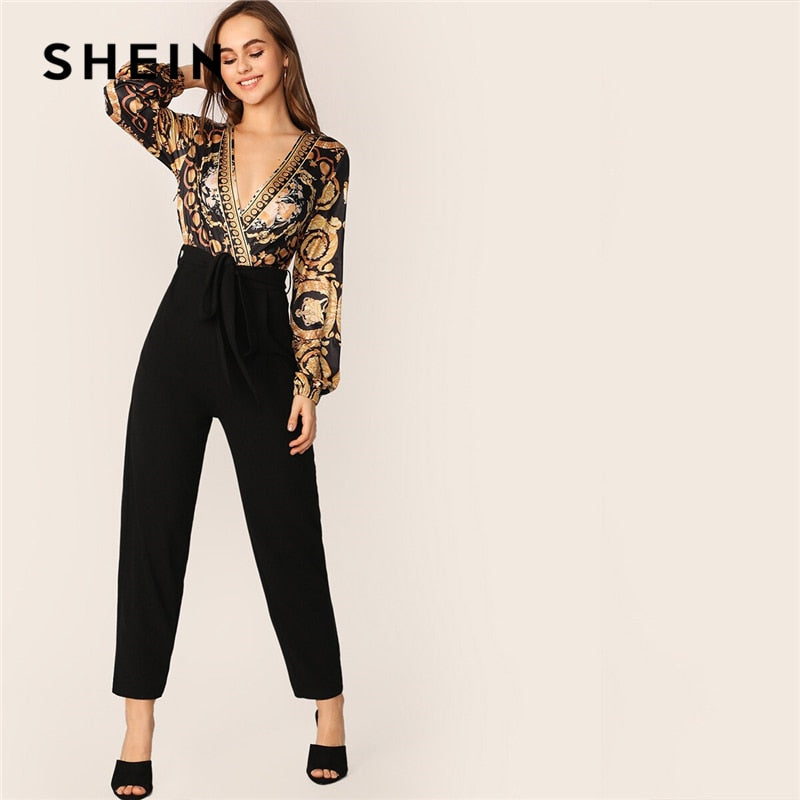 SHEIN Scarf Print Belted Surplice Jumpsuit Women 2019 Spring Autumn Long Sleeve Sexy Black Wrap Knot Deep V Neck Jumpsuit