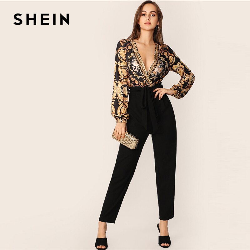 SHEIN Scarf Print Belted Surplice Jumpsuit Women 2019 Spring Autumn Long Sleeve Sexy Black Wrap Knot Deep V Neck Jumpsuit