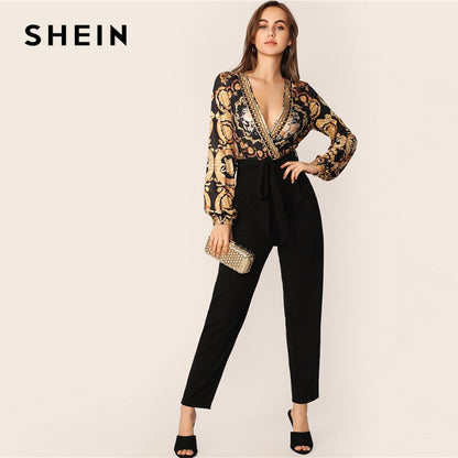 SHEIN Scarf Print Belted Surplice Jumpsuit Women 2019 Spring Autumn Long Sleeve Sexy Black Wrap Knot Deep V Neck Jumpsuit