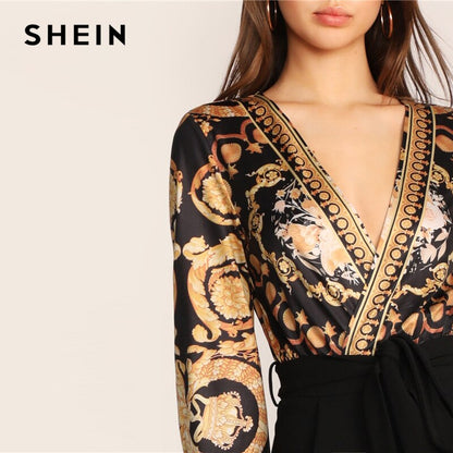 SHEIN Scarf Print Belted Surplice Jumpsuit Women 2019 Spring Autumn Long Sleeve Sexy Black Wrap Knot Deep V Neck Jumpsuit