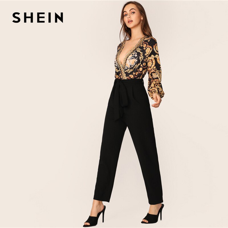 SHEIN Scarf Print Belted Surplice Jumpsuit Women 2019 Spring Autumn Long Sleeve Sexy Black Wrap Knot Deep V Neck Jumpsuit