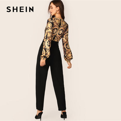 SHEIN Scarf Print Belted Surplice Jumpsuit Women 2019 Spring Autumn Long Sleeve Sexy Black Wrap Knot Deep V Neck Jumpsuit