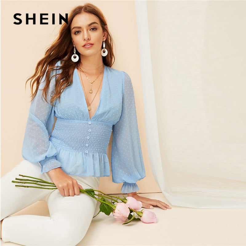 SHEIN Boho Blue Deep V Neck Peplum Smocked Jacquard Top Bishop Sleeve Buttoned Blouse Spring Women Elegant Romantic Blouses