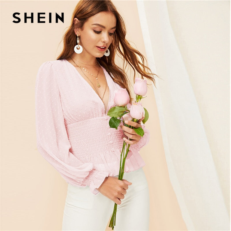 SHEIN Boho Blue Deep V Neck Peplum Smocked Jacquard Top Bishop Sleeve Buttoned Blouse Spring Women Elegant Romantic Blouses