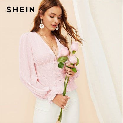 SHEIN Boho Blue Deep V Neck Peplum Smocked Jacquard Top Bishop Sleeve Buttoned Blouse Spring Women Elegant Romantic Blouses