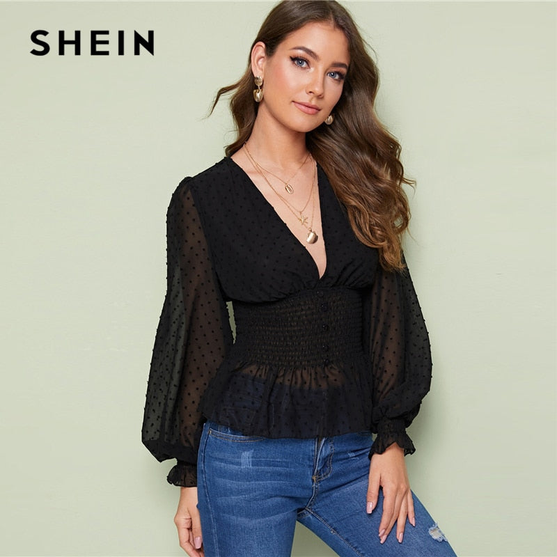 SHEIN Boho Blue Deep V Neck Peplum Smocked Jacquard Top Bishop Sleeve Buttoned Blouse Spring Women Elegant Romantic Blouses
