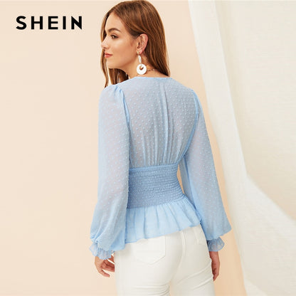 SHEIN Boho Blue Deep V Neck Peplum Smocked Jacquard Top Bishop Sleeve Buttoned Blouse Spring Women Elegant Romantic Blouses