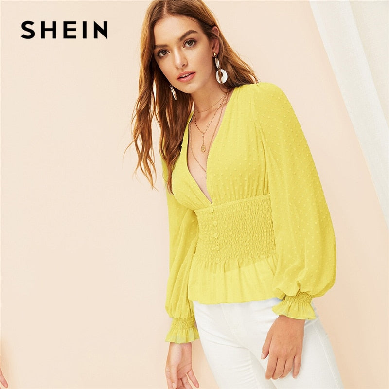 SHEIN Boho Blue Deep V Neck Peplum Smocked Jacquard Top Bishop Sleeve Buttoned Blouse Spring Women Elegant Romantic Blouses