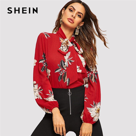 SHEIN Tie Neck Flower Print Stand Collar Long Sleeve Blouse Modern Lady 2019 Spring Women Elegant Lantern Sleeve Blouse