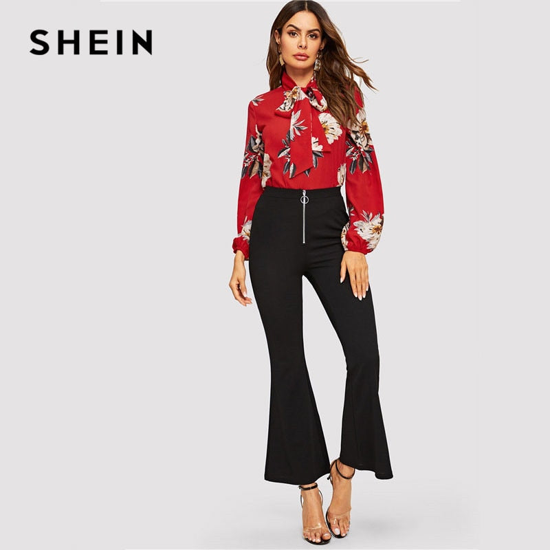 SHEIN Tie Neck Flower Print Stand Collar Long Sleeve Blouse Modern Lady 2019 Spring Women Elegant Lantern Sleeve Blouse