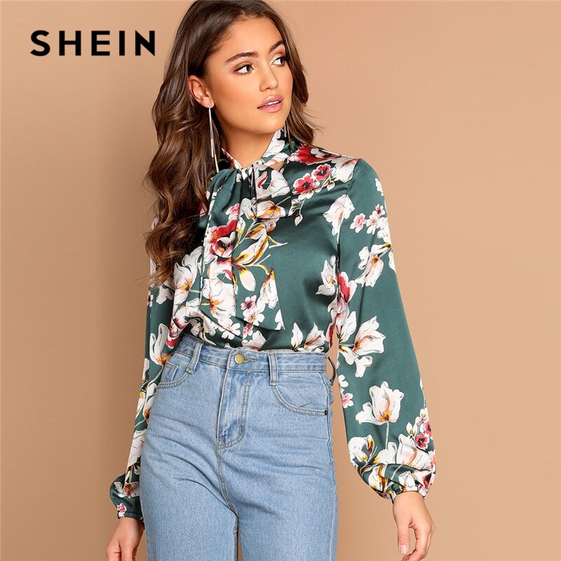 SHEIN Tie Neck Flower Print Stand Collar Long Sleeve Blouse Modern Lady 2019 Spring Women Elegant Lantern Sleeve Blouse