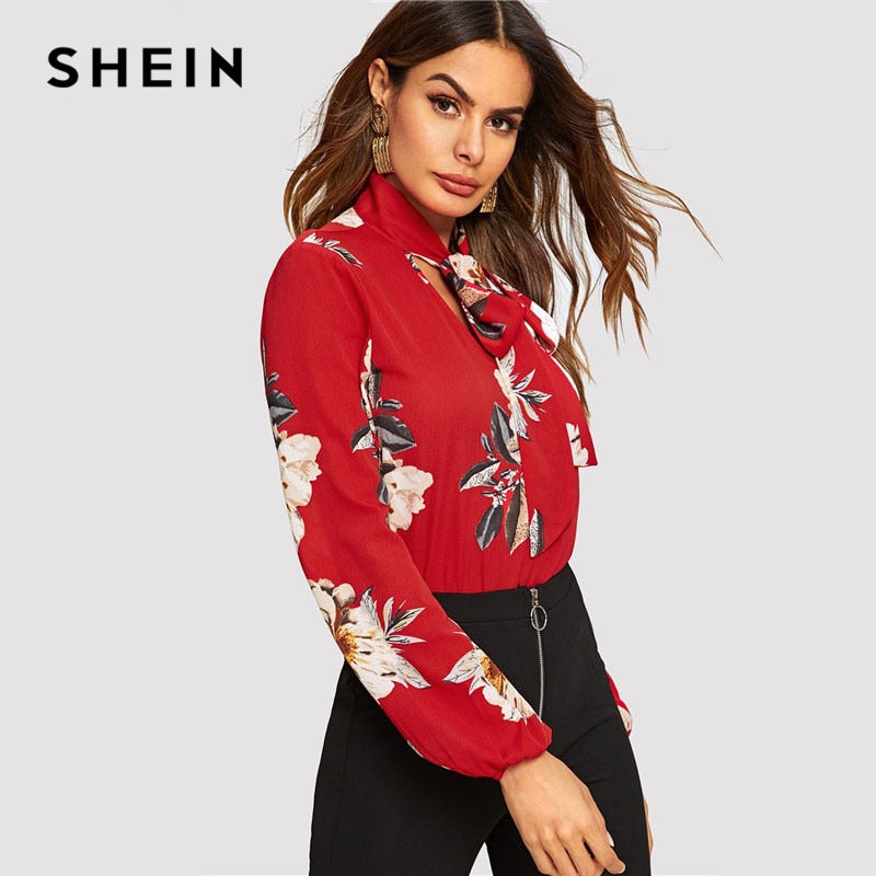 SHEIN Tie Neck Flower Print Stand Collar Long Sleeve Blouse Modern Lady 2019 Spring Women Elegant Lantern Sleeve Blouse