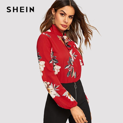 SHEIN Tie Neck Flower Print Stand Collar Long Sleeve Blouse Modern Lady 2019 Spring Women Elegant Lantern Sleeve Blouse