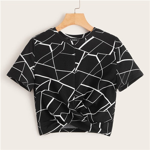 SHEIN Twist Hem Cross Wrap Hem Geo Print Crop Top Women Summer Casual Slim Fit Blouse Short Sleeve Womens Tops and Blouses