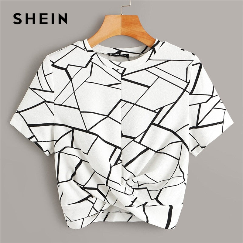 SHEIN Twist Hem Cross Wrap Hem Geo Print Crop Top Women Summer Casual Slim Fit Blouse Short Sleeve Womens Tops and Blouses