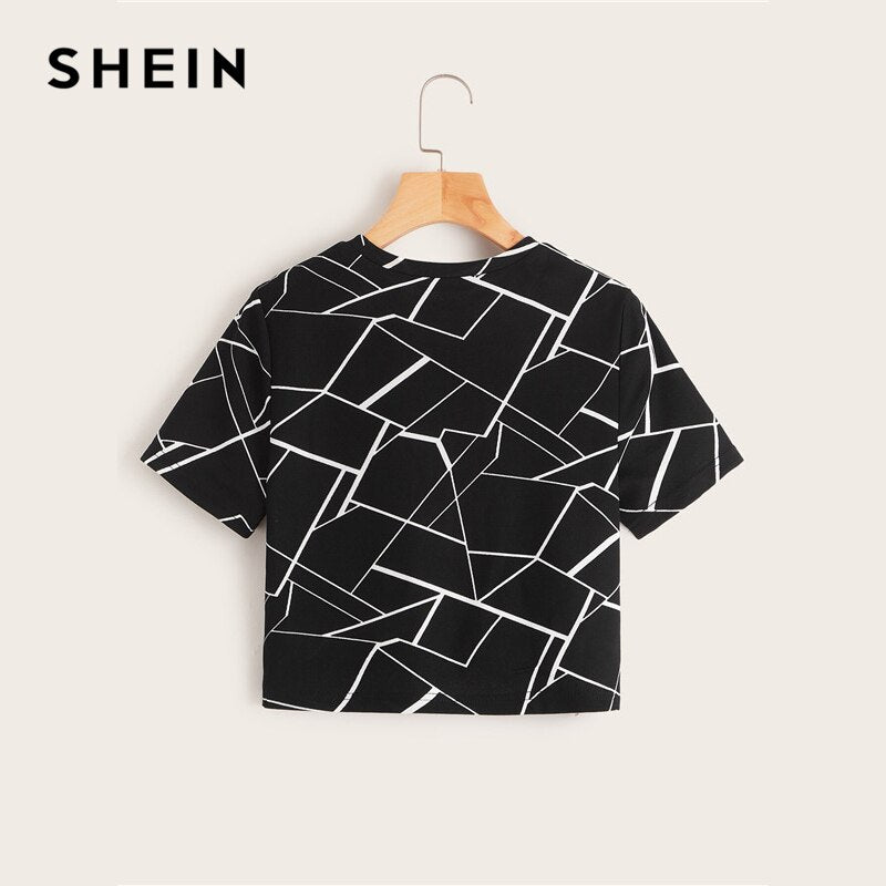 SHEIN Twist Hem Cross Wrap Hem Geo Print Crop Top Women Summer Casual Slim Fit Blouse Short Sleeve Womens Tops and Blouses
