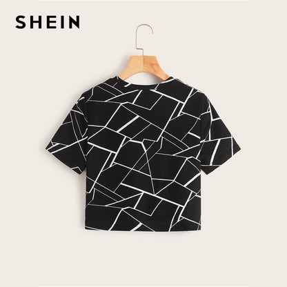 SHEIN Twist Hem Cross Wrap Hem Geo Print Crop Top Women Summer Casual Slim Fit Blouse Short Sleeve Womens Tops and Blouses