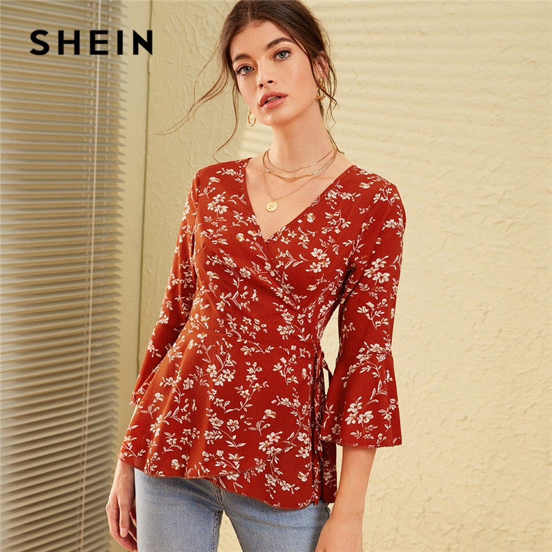 SHEIN V Neck Ditsy Floral Print Knot Side Boho Wrap Blouse Women Tops 2019 Autumn Holiday Flounce Sleeve Ladies Fitted Blouses