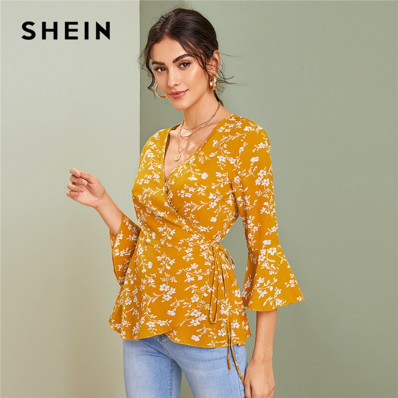 SHEIN V Neck Ditsy Floral Print Knot Side Boho Wrap Blouse Women Tops 2019 Autumn Holiday Flounce Sleeve Ladies Fitted Blouses