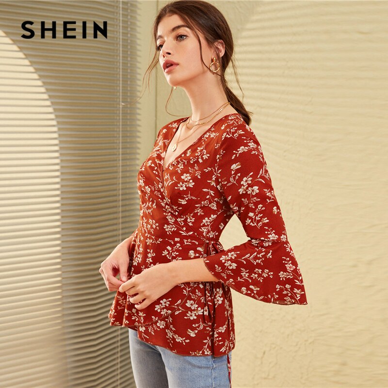 SHEIN V Neck Ditsy Floral Print Knot Side Boho Wrap Blouse Women Tops 2019 Autumn Holiday Flounce Sleeve Ladies Fitted Blouses
