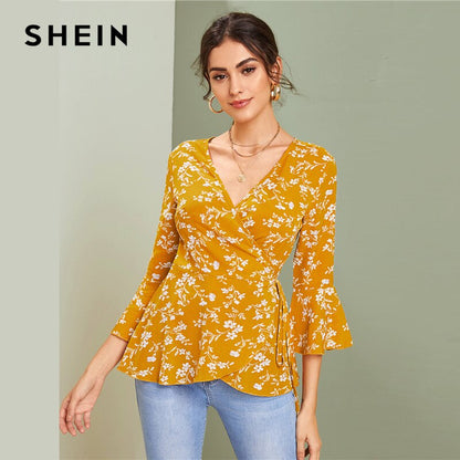 SHEIN V Neck Ditsy Floral Print Knot Side Boho Wrap Blouse Women Tops 2019 Autumn Holiday Flounce Sleeve Ladies Fitted Blouses