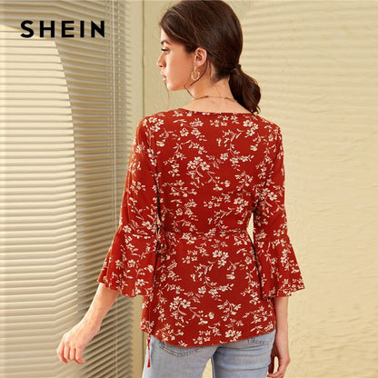SHEIN V Neck Ditsy Floral Print Knot Side Boho Wrap Blouse Women Tops 2019 Autumn Holiday Flounce Sleeve Ladies Fitted Blouses