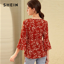 Load image into Gallery viewer, SHEIN V Neck Ditsy Floral Print Knot Side Boho Wrap Blouse Women Tops 2019 Autumn Holiday Flounce Sleeve Ladies Fitted Blouses
