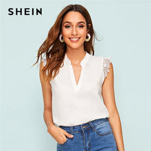 將圖片載入圖庫檢視器 SHEIN V-Placket Lace Trim Shell Top 2019 Elegant V Neck Stand Collar Summer Sleeveless Womens Tops and Blouses Casual Undershirt
